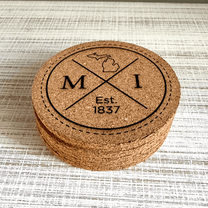 Laser Engraved Michigan Circle Cork Coaster Set - Detroit Dry Goods