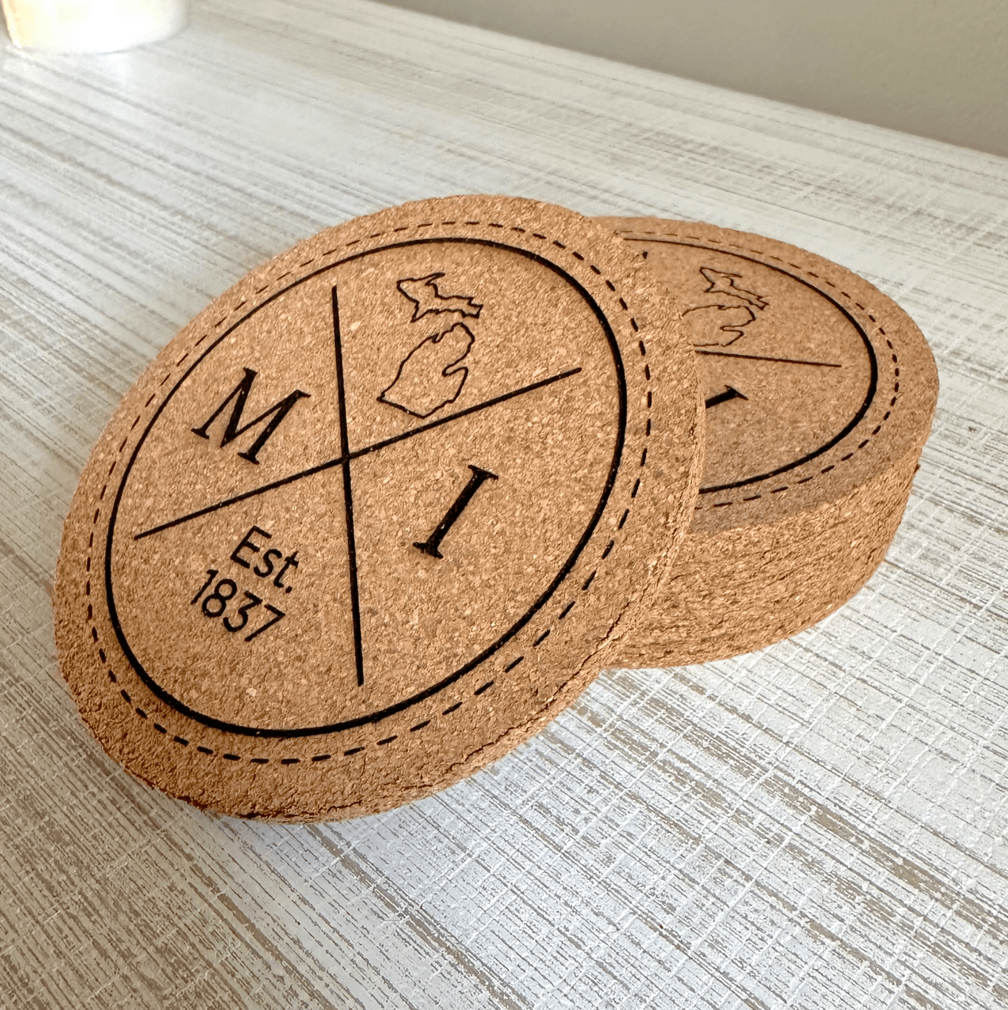 Laser Engraved Michigan Circle Cork Coaster Set - Detroit Dry Goods