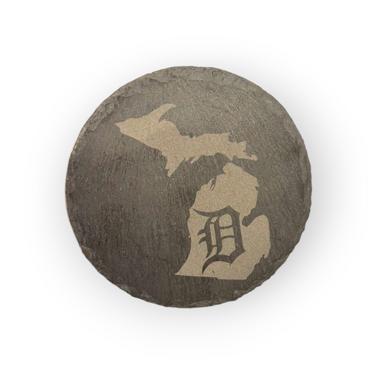 Set of Four Michigan with Detroit D 4" Slate Laser Engraved Round Coasters