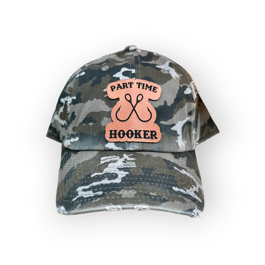 Part Time Hooker Distressed Camo Leather Patch Hat