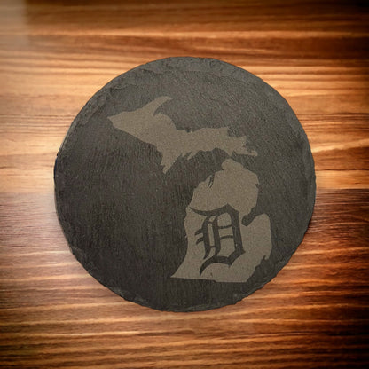 Set of Four Michigan with Detroit D 4" Slate Laser Engraved Round Coasters - Detroit Dry Goods