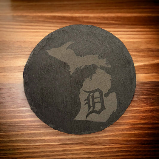 Set of Four Michigan with Detroit D 4" Slate Laser Engraved Round Coasters - Detroit Dry Goods