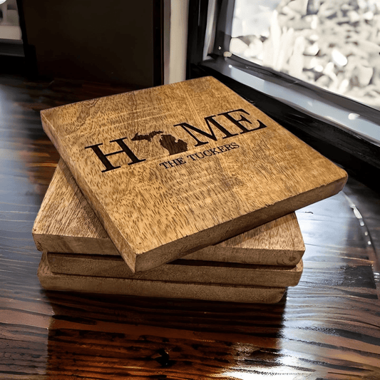 Set of Four Personalized Michigan Home Bamboo Coasters - Detroit Dry Goods
