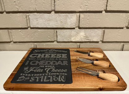 Sweet Dreams are Made of Cheese Slate and Bamboo Cheese Board with Three Cheese Knives - Detroit Dry Goods