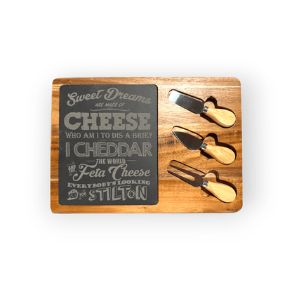 Sweet Dreams are Made of Cheese Slate and Bamboo Cheese Board with Three Cheese Knives - Detroit Dry Goods