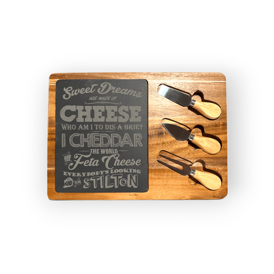Sweet Dreams are Made of Cheese Slate and Bamboo Cheese Board with Three Cheese Knives - Detroit Dry Goods