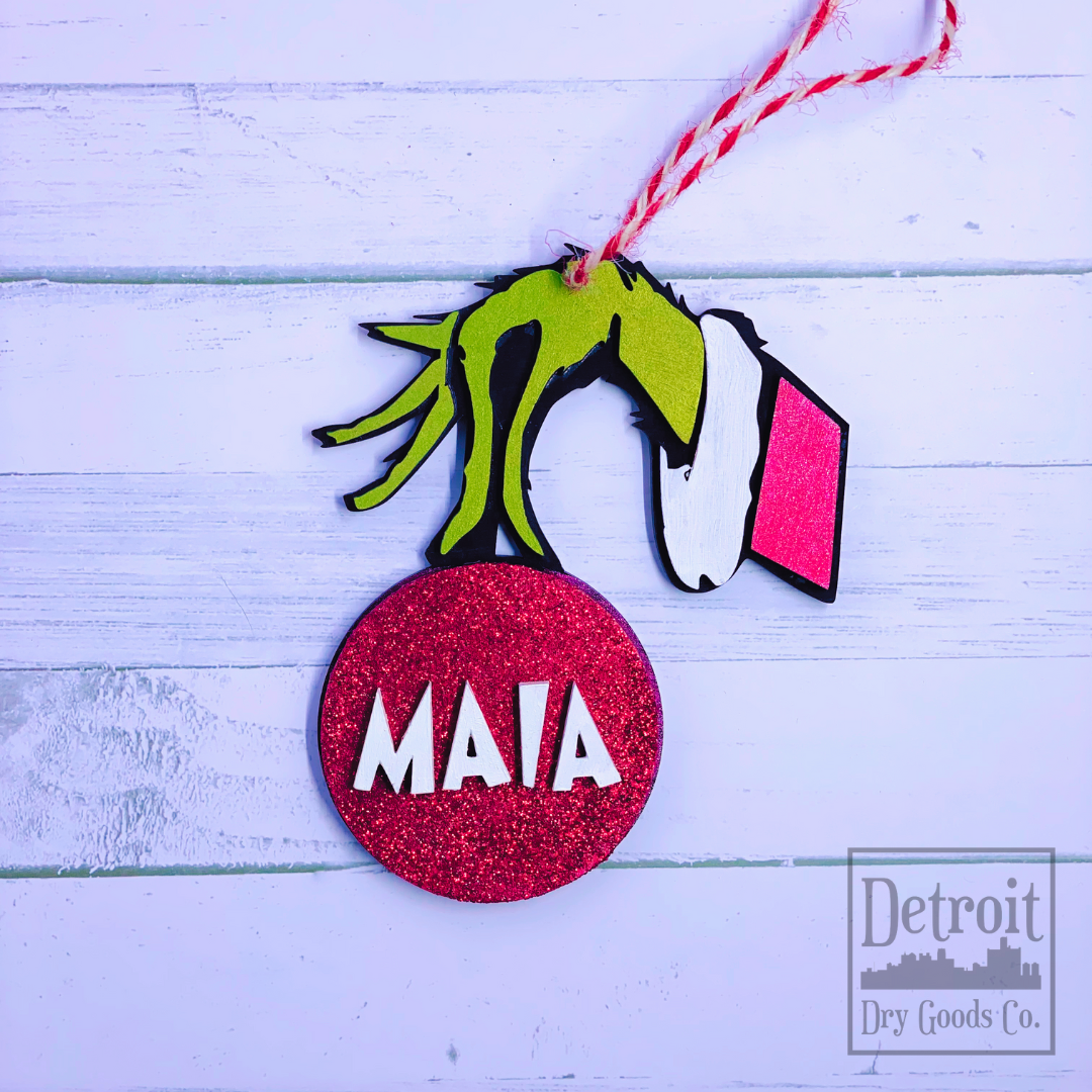 Grinch Hand with Personalized Bulb Wood 3D Ornament