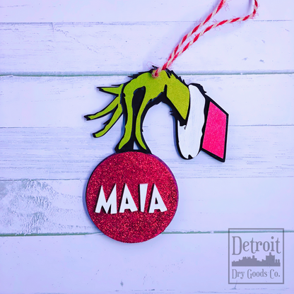 Grinch Hand with Personalized Bulb Wood 3D Ornament