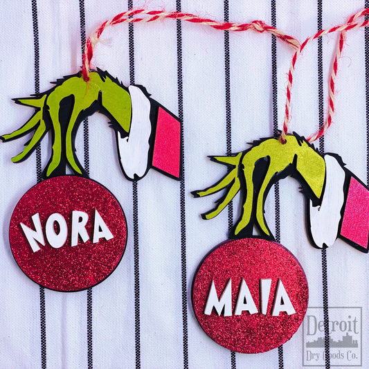 Grinch Hand with Personalized Bulb Wood 3D Ornament