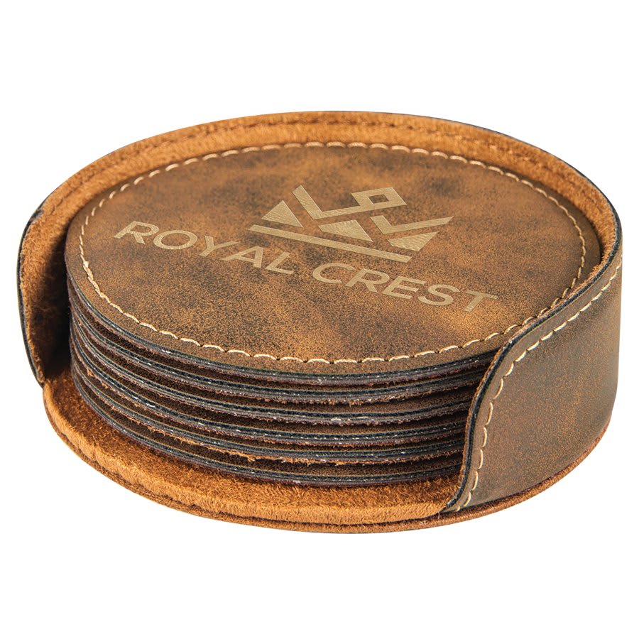 Custom Laser Engraved Leather Circle Coaster Set with Holder - Upload Your Own Logo or Design - Detroit Dry Goods