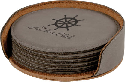 Custom Laser Engraved Leather Circle Coaster Set with Holder - Upload Your Own Logo or Design - Detroit Dry Goods