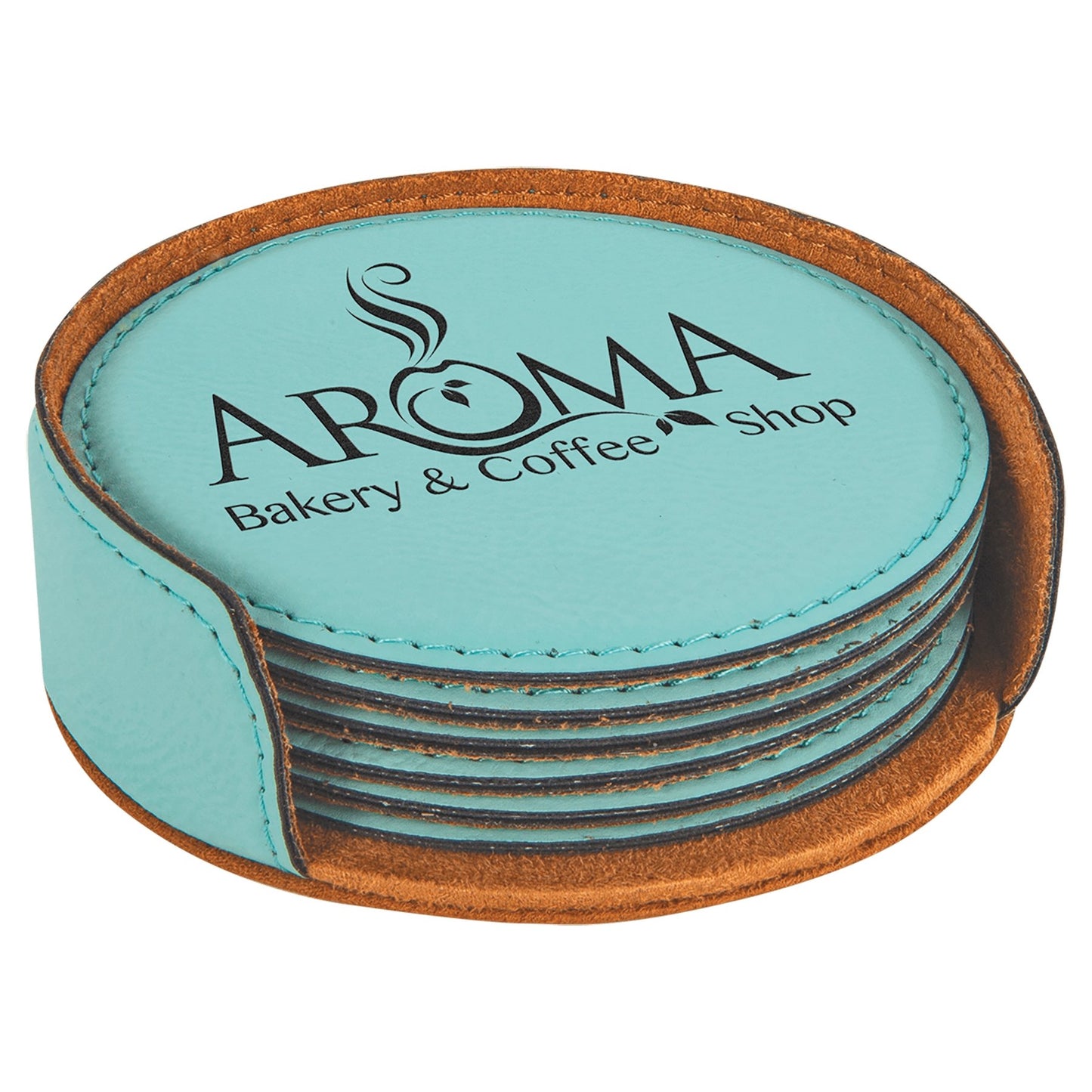 Custom Laser Engraved Leather Circle Coaster Set with Holder - Upload Your Own Logo or Design - Detroit Dry Goods