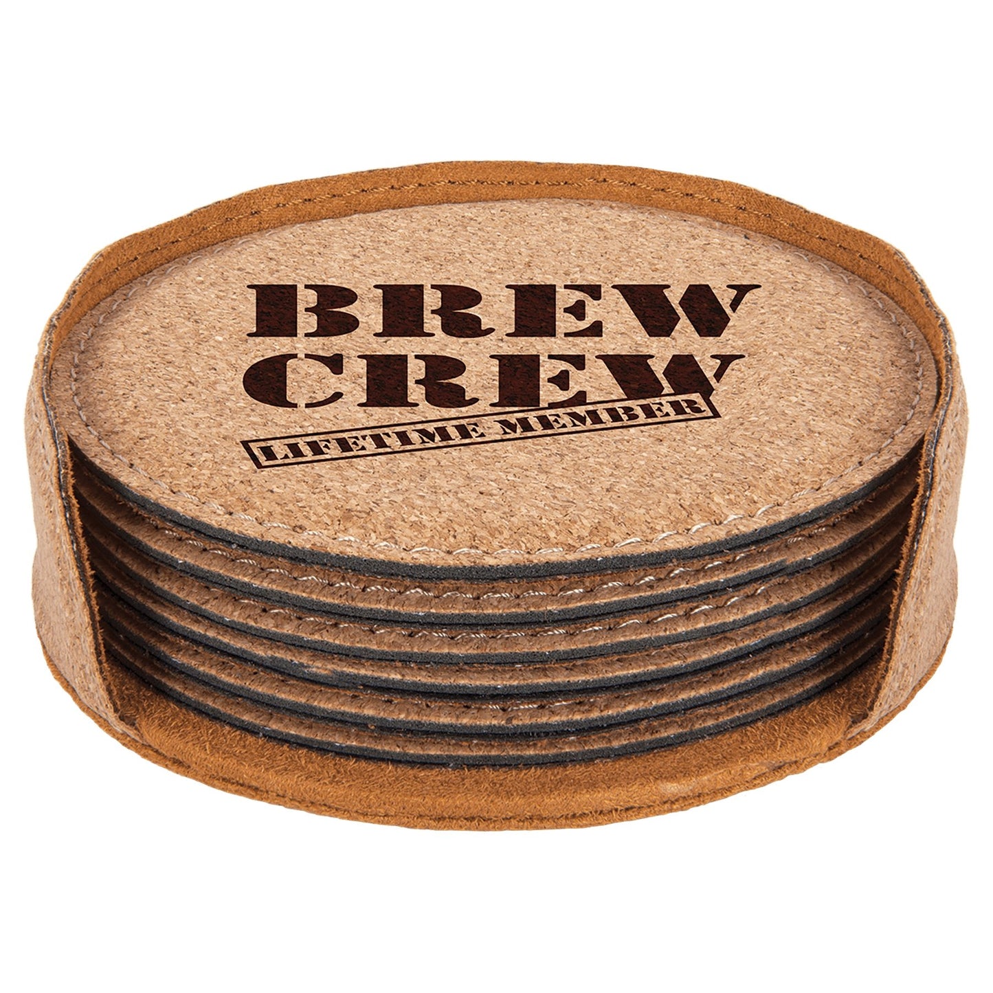 Custom Laser Engraved Leather Circle Coaster Set with Holder - Upload Your Own Logo or Design - Detroit Dry Goods