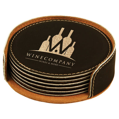 Custom Laser Engraved Leather Circle Coaster Set with Holder - Upload Your Own Logo or Design - Detroit Dry Goods