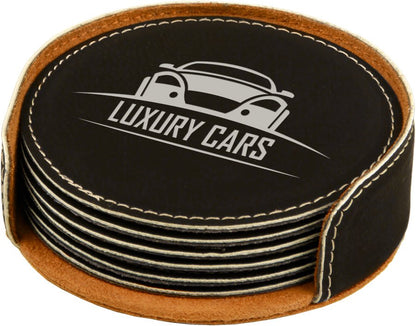 Custom Laser Engraved Leather Circle Coaster Set with Holder - Upload Your Own Logo or Design - Detroit Dry Goods