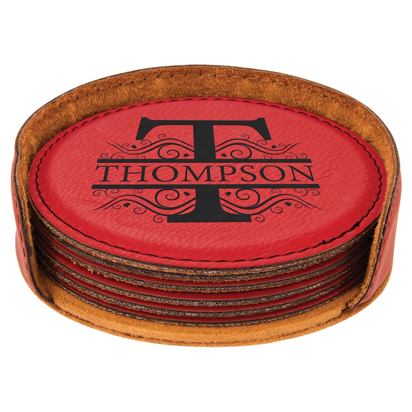 Custom Laser Engraved Leather Circle Coaster Set with Holder - Upload Your Own Logo or Design - Detroit Dry Goods