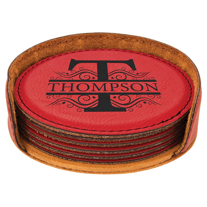 Custom Laser Engraved Leather Circle Coaster Set with Holder - Upload Your Own Logo or Design - Detroit Dry Goods