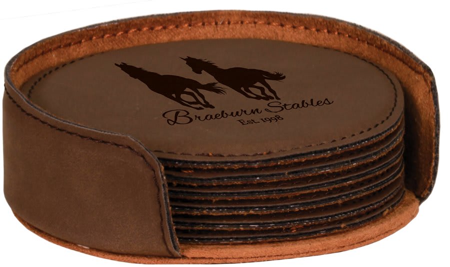 Custom Laser Engraved Leather Circle Coaster Set with Holder - Upload Your Own Logo or Design - Detroit Dry Goods