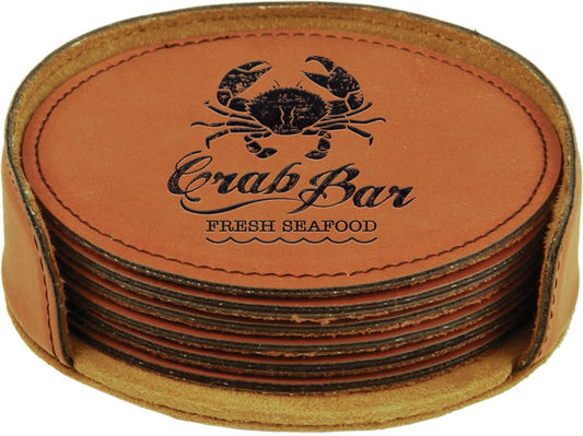 Custom Laser Engraved Leather Circle Coaster Set with Holder - Upload Your Own Logo or Design - Detroit Dry Goods