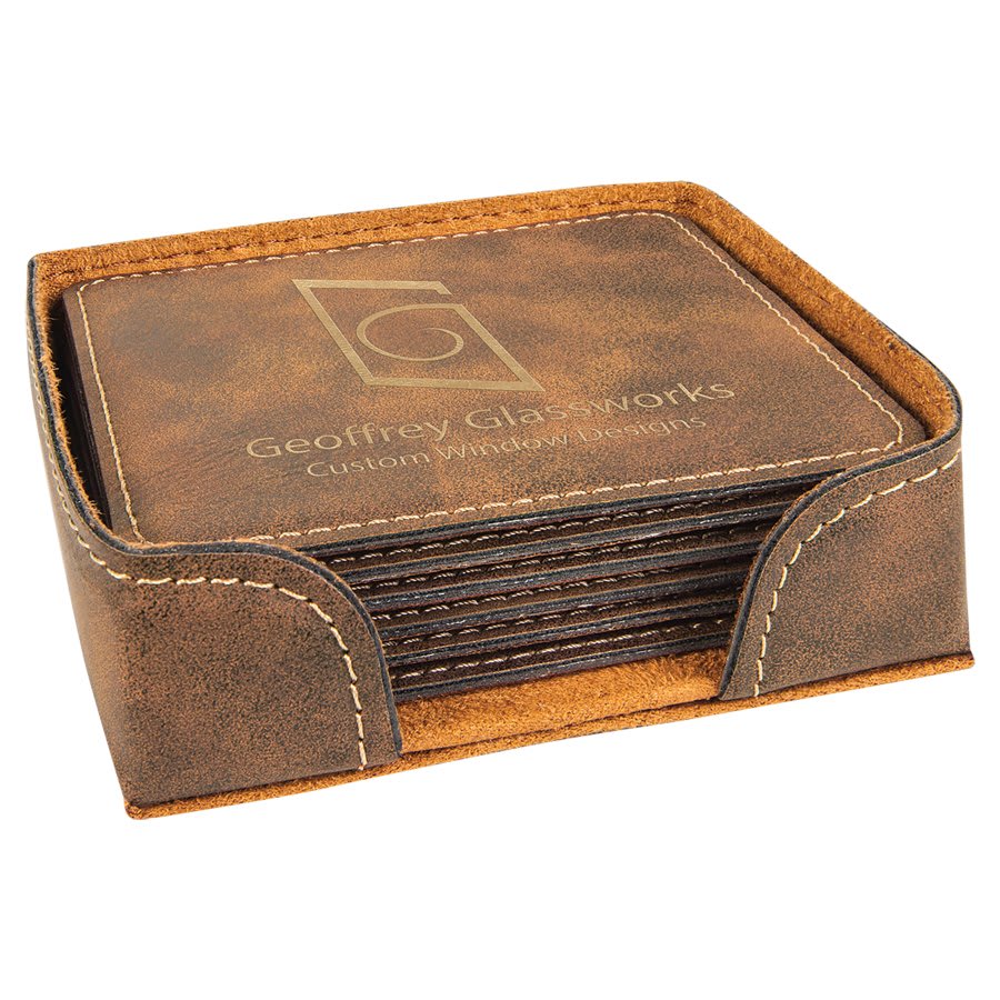 Custom Laser Engraved Leather Square Coaster Set with Holder - Upload Your Own Logo or Design - Detroit Dry Goods