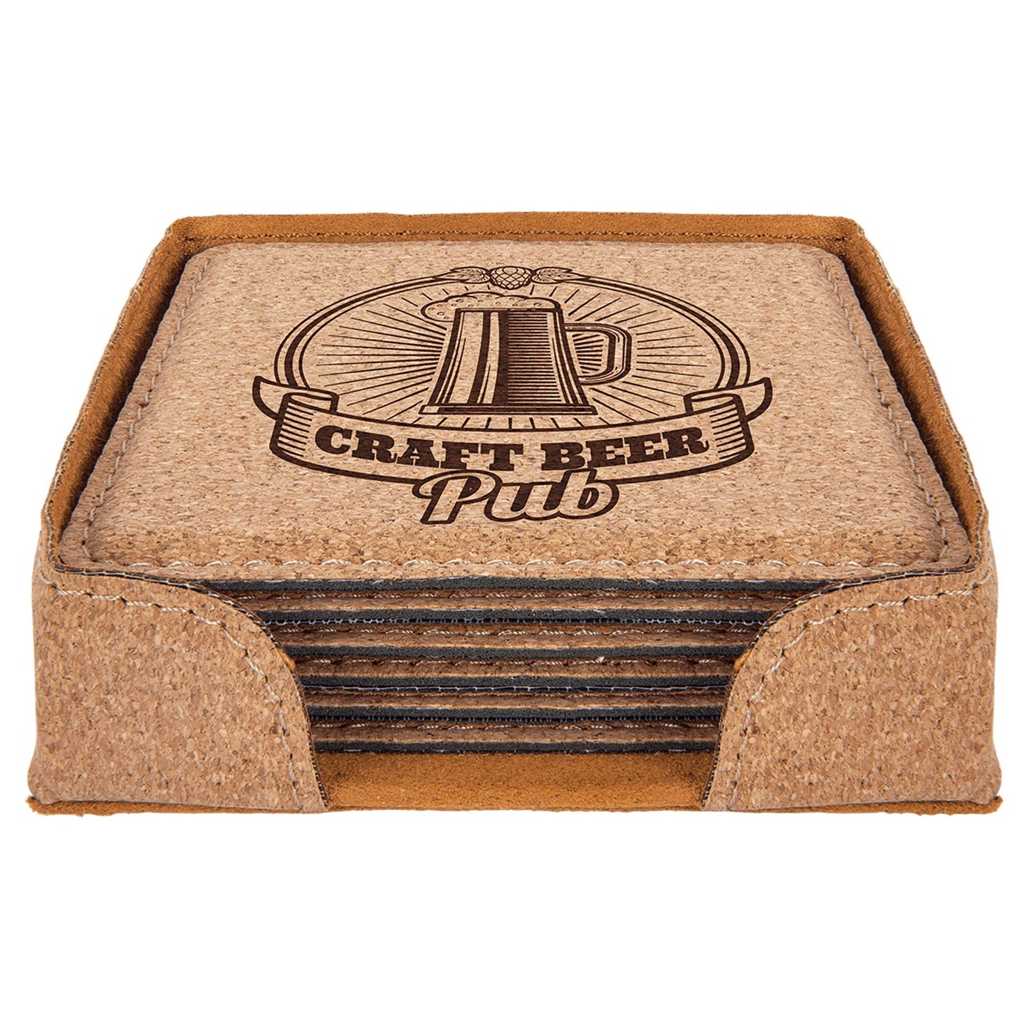 Custom Laser Engraved Leather Square Coaster Set with Holder - Upload Your Own Logo or Design - Detroit Dry Goods