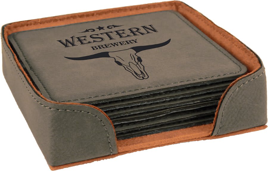 Custom Laser Engraved Leather Square Coaster Set with Holder - Upload Your Own Logo or Design - Detroit Dry Goods