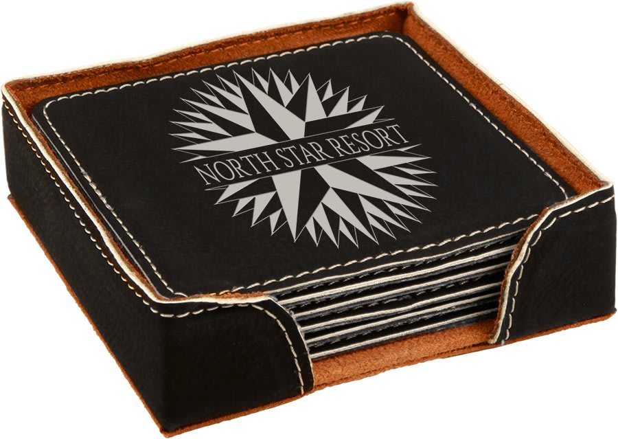 Custom Laser Engraved Leather Square Coaster Set with Holder - Upload Your Own Logo or Design - Detroit Dry Goods