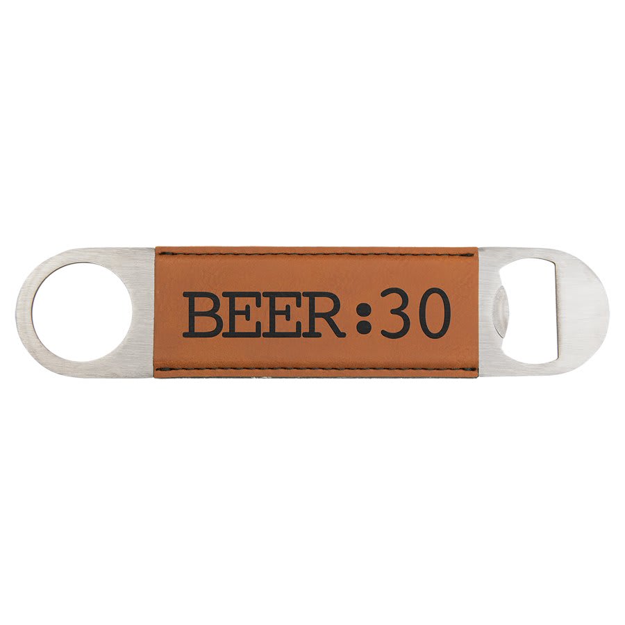 Custom Laser Engraved Leather Wrapped Double Sided Metal Bottle Opener - Upload Your Own Logo or Design - Detroit Dry Goods