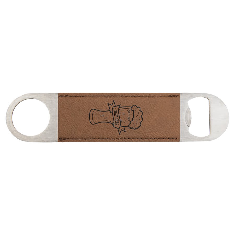 Custom Laser Engraved Leather Wrapped Double Sided Metal Bottle Opener - Upload Your Own Logo or Design - Detroit Dry Goods