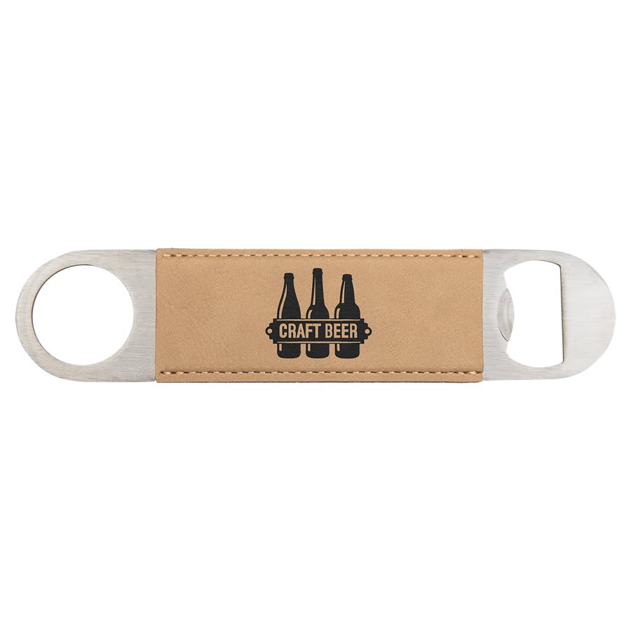 Custom Laser Engraved Leather Wrapped Double Sided Metal Bottle Opener - Upload Your Own Logo or Design - Detroit Dry Goods