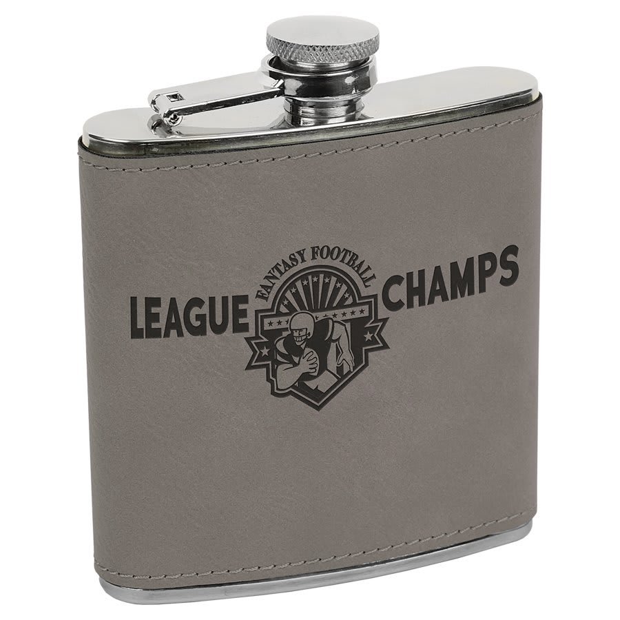 Custom Laser Engraved Stitched Leather Wrapped Stainless Steel Flask - Upload Your Own Logo or Design - Detroit Dry Goods