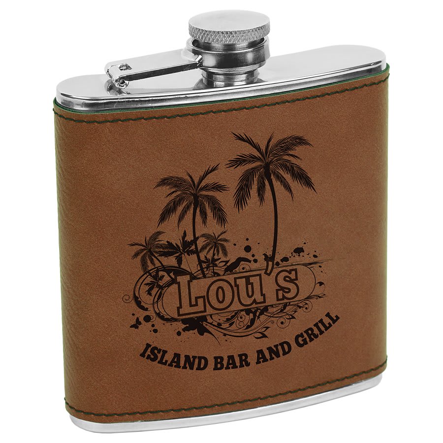 Custom Laser Engraved Stitched Leather Wrapped Stainless Steel Flask - Upload Your Own Logo or Design - Detroit Dry Goods