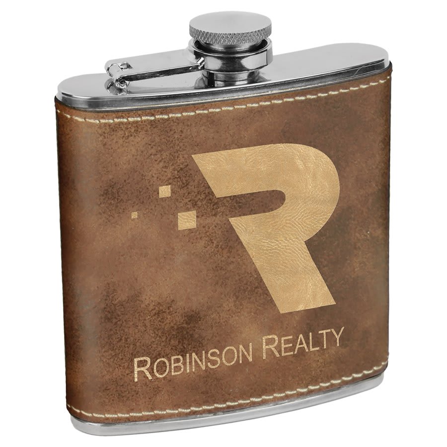 Custom Laser Engraved Stitched Leather Wrapped Stainless Steel Flask - Upload Your Own Logo or Design - Detroit Dry Goods