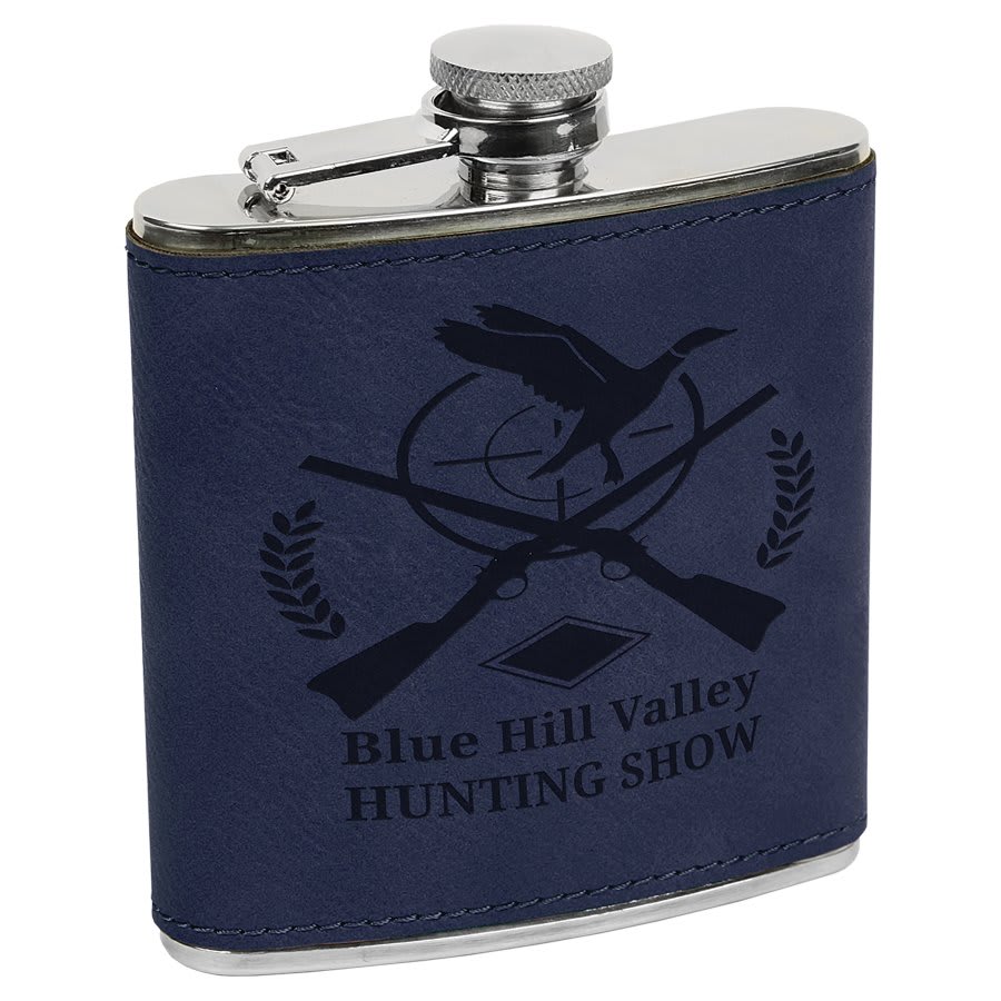 Custom Laser Engraved Stitched Leather Wrapped Stainless Steel Flask - Upload Your Own Logo or Design - Detroit Dry Goods