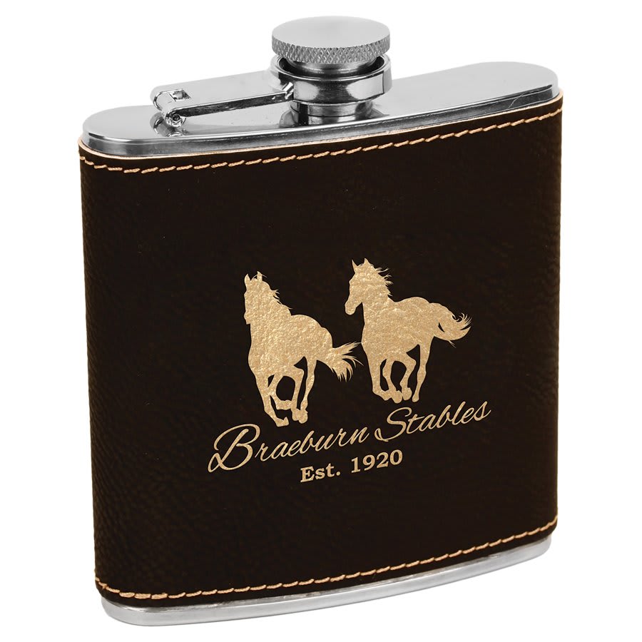 Custom Laser Engraved Stitched Leather Wrapped Stainless Steel Flask - Upload Your Own Logo or Design - Detroit Dry Goods