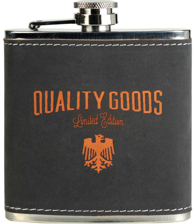 Custom Laser Engraved Stitched Leather Wrapped Stainless Steel Flask - Upload Your Own Logo or Design - Detroit Dry Goods