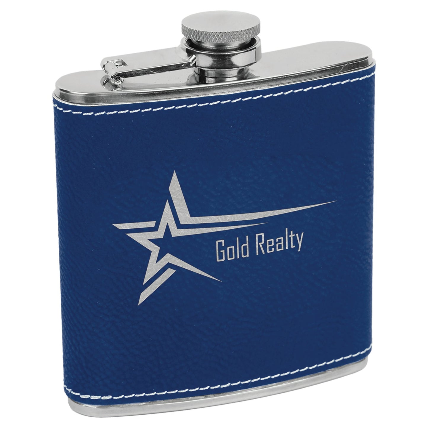 Custom Laser Engraved Stitched Leather Wrapped Stainless Steel Flask - Upload Your Own Logo or Design - Detroit Dry Goods