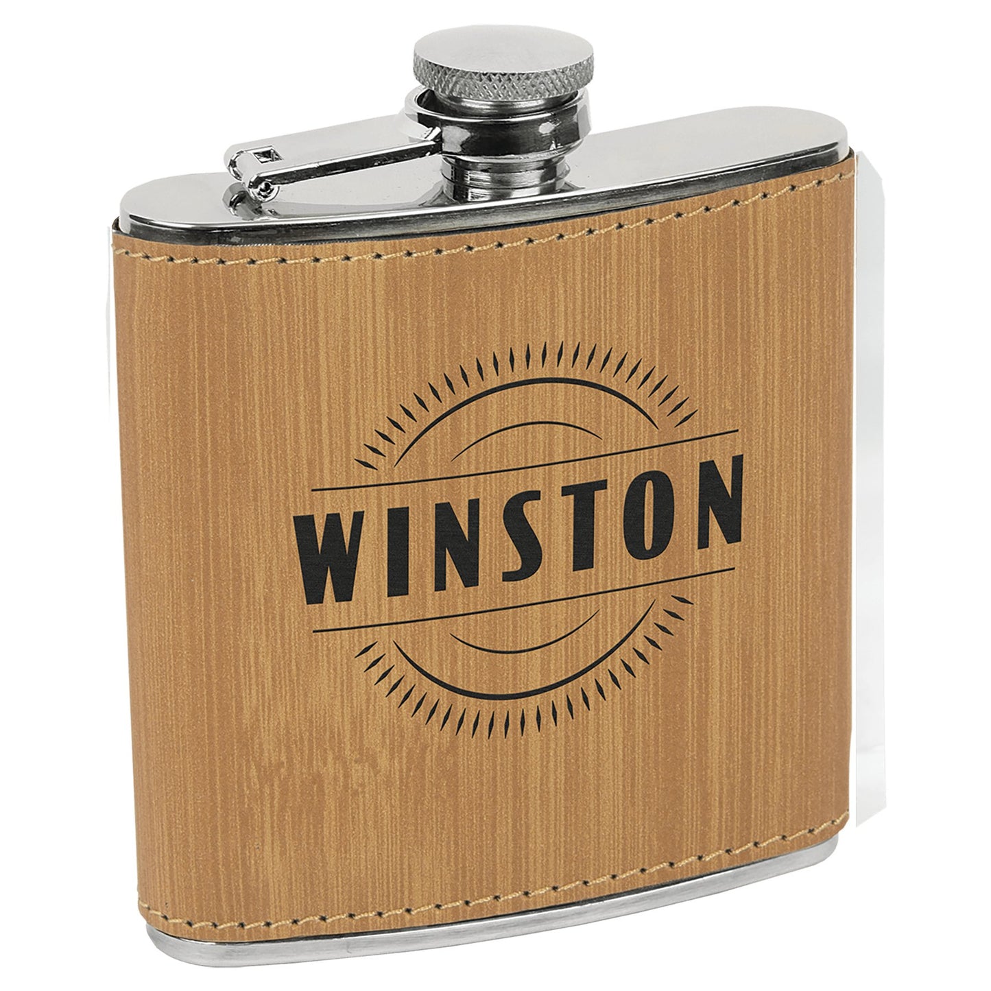 Custom Laser Engraved Stitched Leather Wrapped Stainless Steel Flask - Upload Your Own Logo or Design - Detroit Dry Goods