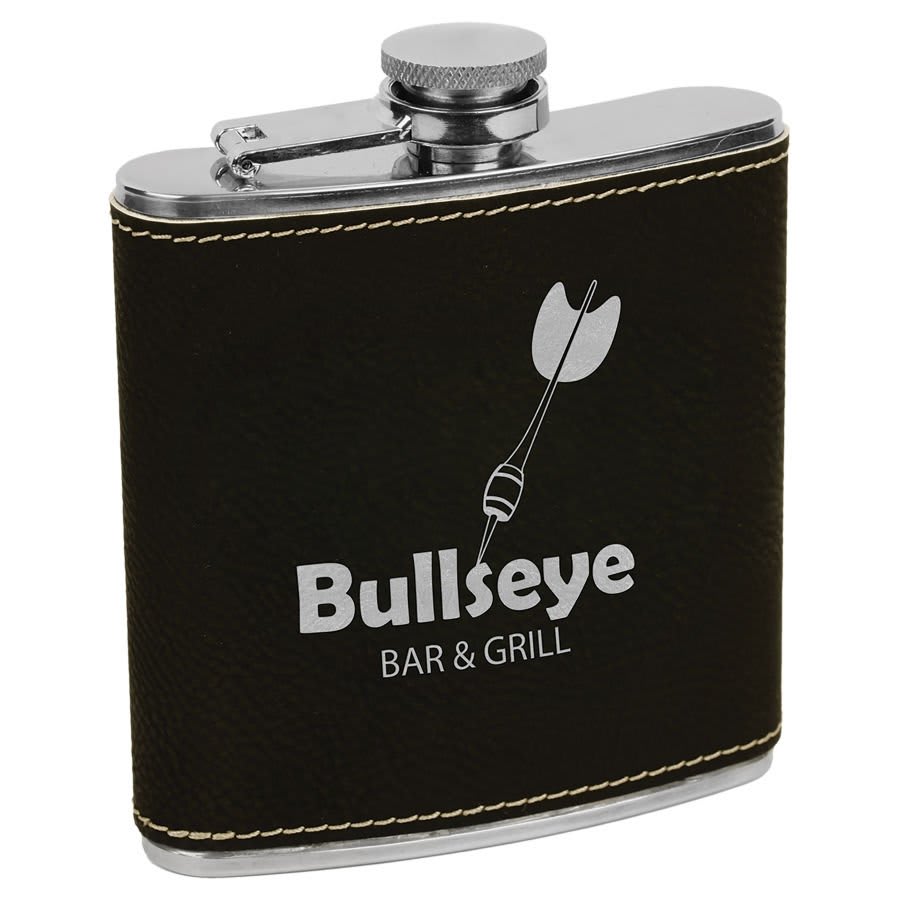 Custom Laser Engraved Stitched Leather Wrapped Stainless Steel Flask - Upload Your Own Logo or Design - Detroit Dry Goods