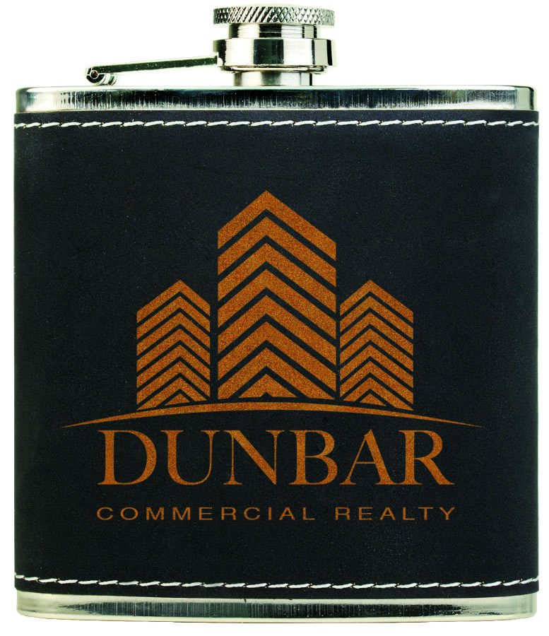 Custom Laser Engraved Stitched Leather Wrapped Stainless Steel Flask - Upload Your Own Logo or Design - Detroit Dry Goods