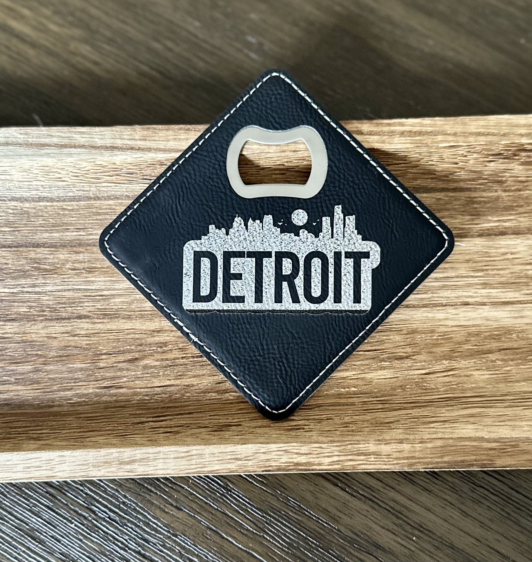 Detroit City Skyline Leather Coaster with Stainless Steel Bottle Opener - Detroit Dry Goods