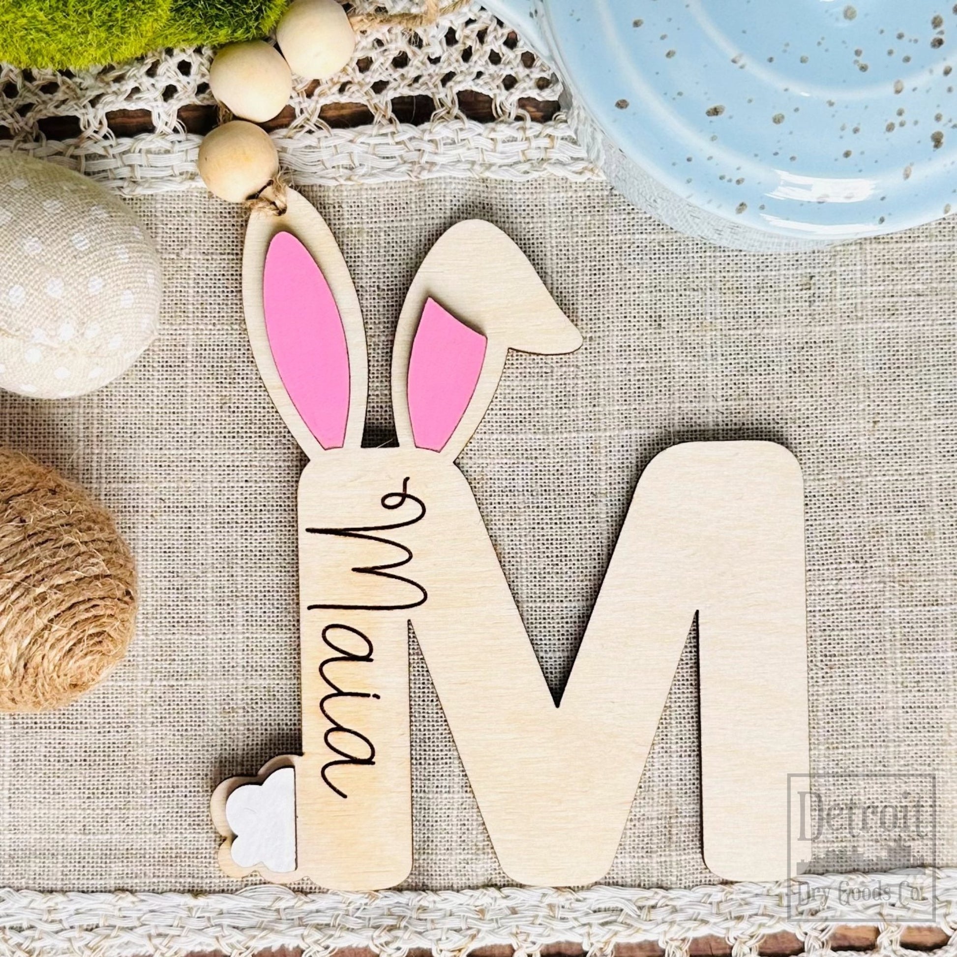 Personalized Initial Easter Basket Tag with Bunny Ears and Tail - Detroit Dry Goods